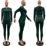 Women Summer Sports Hooded Full Sleeves Solid Pockets Regular Two Piece Pants Set