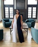 Women's Black And White Contrast V-Neck Straps Wide Leg Jumpsuit