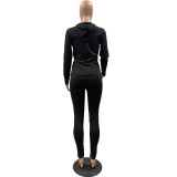 Women Summer Sports Hooded Full Sleeves Solid Pockets Regular Two Piece Pants Set