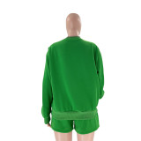 Fall Winter Solid Color Round Neck Pullover Long Sleeve Hoodies Women's Fashion Casual Shorts Two Piece Set