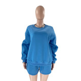 Fall Winter Solid Color Round Neck Pullover Long Sleeve Hoodies Women's Fashion Casual Shorts Two Piece Set