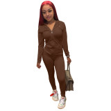 Women Summer Sports Hooded Full Sleeves Solid Pockets Regular Two Piece Pants Set