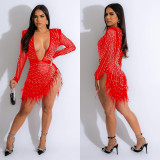 Women's Fashion Solid Color Mesh Beaded Long Sleeve Dress