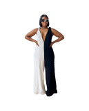 Women's Black And White Contrast V-Neck Straps Wide Leg Jumpsuit