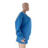 Fall Winter Solid Color Round Neck Pullover Long Sleeve Hoodies Women's Fashion Casual Shorts Two Piece Set