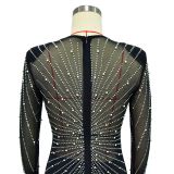 Women's Fashion Solid Color Mesh Beaded Long Sleeve Dress