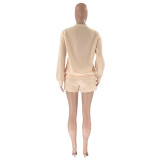 Fall Winter Solid Color Round Neck Pullover Long Sleeve Hoodies Women's Fashion Casual Shorts Two Piece Set
