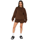 Fall Winter Solid Color Round Neck Pullover Long Sleeve Hoodies Women's Fashion Casual Shorts Two Piece Set
