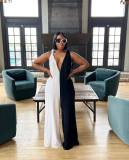Women's Black And White Contrast V-Neck Straps Wide Leg Jumpsuit