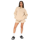 Fall Winter Solid Color Round Neck Pullover Long Sleeve Hoodies Women's Fashion Casual Shorts Two Piece Set