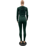 Women Summer Sports Hooded Full Sleeves Solid Pockets Regular Two Piece Pants Set