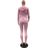 Women Summer Sports Hooded Full Sleeves Solid Pockets Regular Two Piece Pants Set