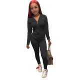 Women Summer Sports Hooded Full Sleeves Solid Pockets Regular Two Piece Pants Set