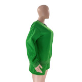 Fall Winter Solid Color Round Neck Pullover Long Sleeve Hoodies Women's Fashion Casual Shorts Two Piece Set
