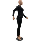 Women Summer Sports Hooded Full Sleeves Solid Pockets Regular Two Piece Pants Set