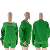Fall Winter Solid Color Round Neck Pullover Long Sleeve Hoodies Women's Fashion Casual Shorts Two Piece Set