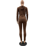 Women Summer Sports Hooded Full Sleeves Solid Pockets Regular Two Piece Pants Set