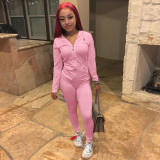 Women Summer Sports Hooded Full Sleeves Solid Pockets Regular Two Piece Pants Set