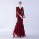 Elegant Flare Mesh Patchwork Mermaid Wedding Dinner Sequins Evening Dress