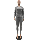 Women Summer Sports Hooded Full Sleeves Solid Pockets Regular Two Piece Pants Set