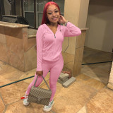 Women Summer Sports Hooded Full Sleeves Solid Pockets Regular Two Piece Pants Set
