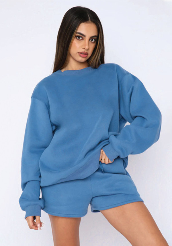 Fall Winter Solid Color Round Neck Pullover Long Sleeve Hoodies Women's Fashion Casual Shorts Two Piece Set