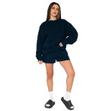 Fall Winter Solid Color Round Neck Pullover Long Sleeve Hoodies Women's Fashion Casual Shorts Two Piece Set
