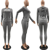Women Summer Sports Hooded Full Sleeves Solid Pockets Regular Two Piece Pants Set