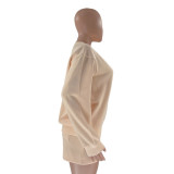 Fall Winter Solid Color Round Neck Pullover Long Sleeve Hoodies Women's Fashion Casual Shorts Two Piece Set