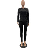 Women Summer Sports Hooded Full Sleeves Solid Pockets Regular Two Piece Pants Set
