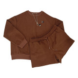 Fall Winter Solid Color Round Neck Pullover Long Sleeve Hoodies Women's Fashion Casual Shorts Two Piece Set