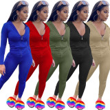 Women Summer Sports Hooded Full Sleeves Solid Pockets Regular Two Piece Pants Set