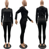Women Summer Sports Hooded Full Sleeves Solid Pockets Regular Two Piece Pants Set