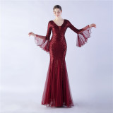 Elegant Flare Mesh Patchwork Mermaid Wedding Dinner Sequins Evening Dress