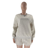 Fall Winter Solid Color Round Neck Pullover Long Sleeve Hoodies Women's Fashion Casual Shorts Two Piece Set