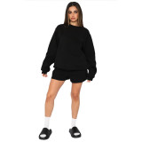 Fall Winter Solid Color Round Neck Pullover Long Sleeve Hoodies Women's Fashion Casual Shorts Two Piece Set