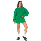 Fall Winter Solid Color Round Neck Pullover Long Sleeve Hoodies Women's Fashion Casual Shorts Two Piece Set