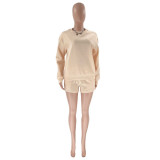 Fall Winter Solid Color Round Neck Pullover Long Sleeve Hoodies Women's Fashion Casual Shorts Two Piece Set
