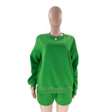 Fall Winter Solid Color Round Neck Pullover Long Sleeve Hoodies Women's Fashion Casual Shorts Two Piece Set