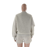 Fall Winter Solid Color Round Neck Pullover Long Sleeve Hoodies Women's Fashion Casual Shorts Two Piece Set