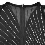 Women's Fashion Solid Color Mesh Beaded Long Sleeve Dress