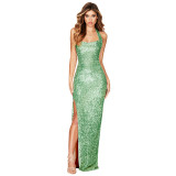 Women Sleeveless Halter Neck Backless Sequin Slit Evening Dress