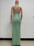 Women Sleeveless Halter Neck Backless Sequin Slit Evening Dress