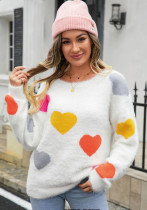 Women Round Neck Basic Heart Print Sweater