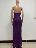 Women Sleeveless Halter Neck Backless Sequin Slit Evening Dress