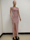 Women Sleeveless Halter Neck Backless Sequin Slit Evening Dress