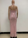 Women Sleeveless Halter Neck Backless Sequin Slit Evening Dress