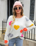 Women Round Neck Basic Heart Print Sweater