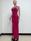 Women Sleeveless Halter Neck Backless Sequin Slit Evening Dress