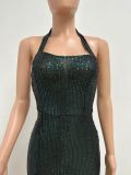 Women Sleeveless Halter Neck Backless Sequin Slit Evening Dress